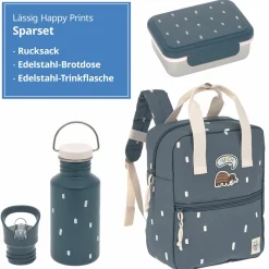 3-tlg. Set Rucksack Mini Square Backpack + Brotdose + Trinkflasche - Happy Prints - Midnight Blue