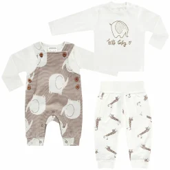 4-tlg. Set Strampler, Langarmshirt & Jogginghose - Giraffe & Elefant - Offwhite Mokka - Gr. 74
