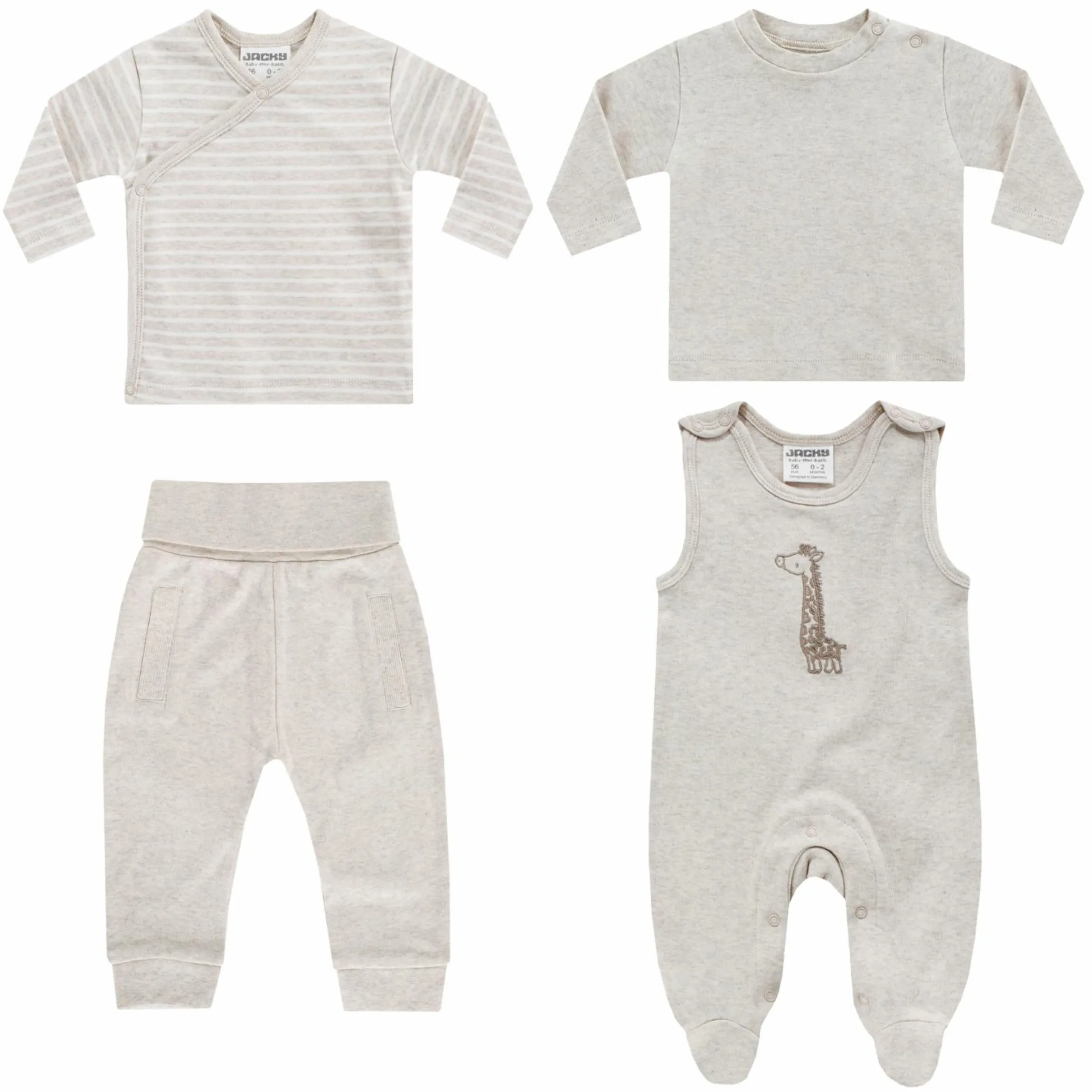 4-tlg. Set Strampler, Langarmshirt, Wickelshirt & Jogginghose - Beige Melange - Gr. 68