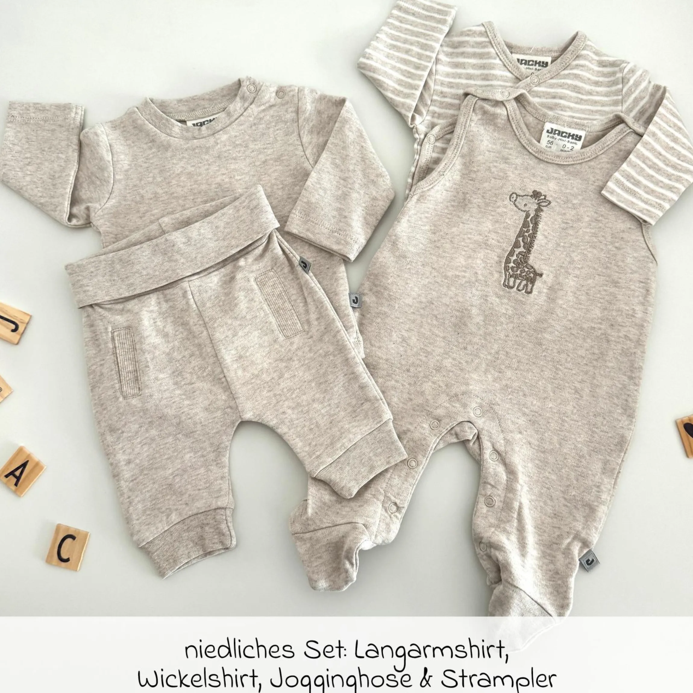 4-tlg. Set Strampler, Langarmshirt, Wickelshirt & Jogginghose - Beige Melange - Gr. 68