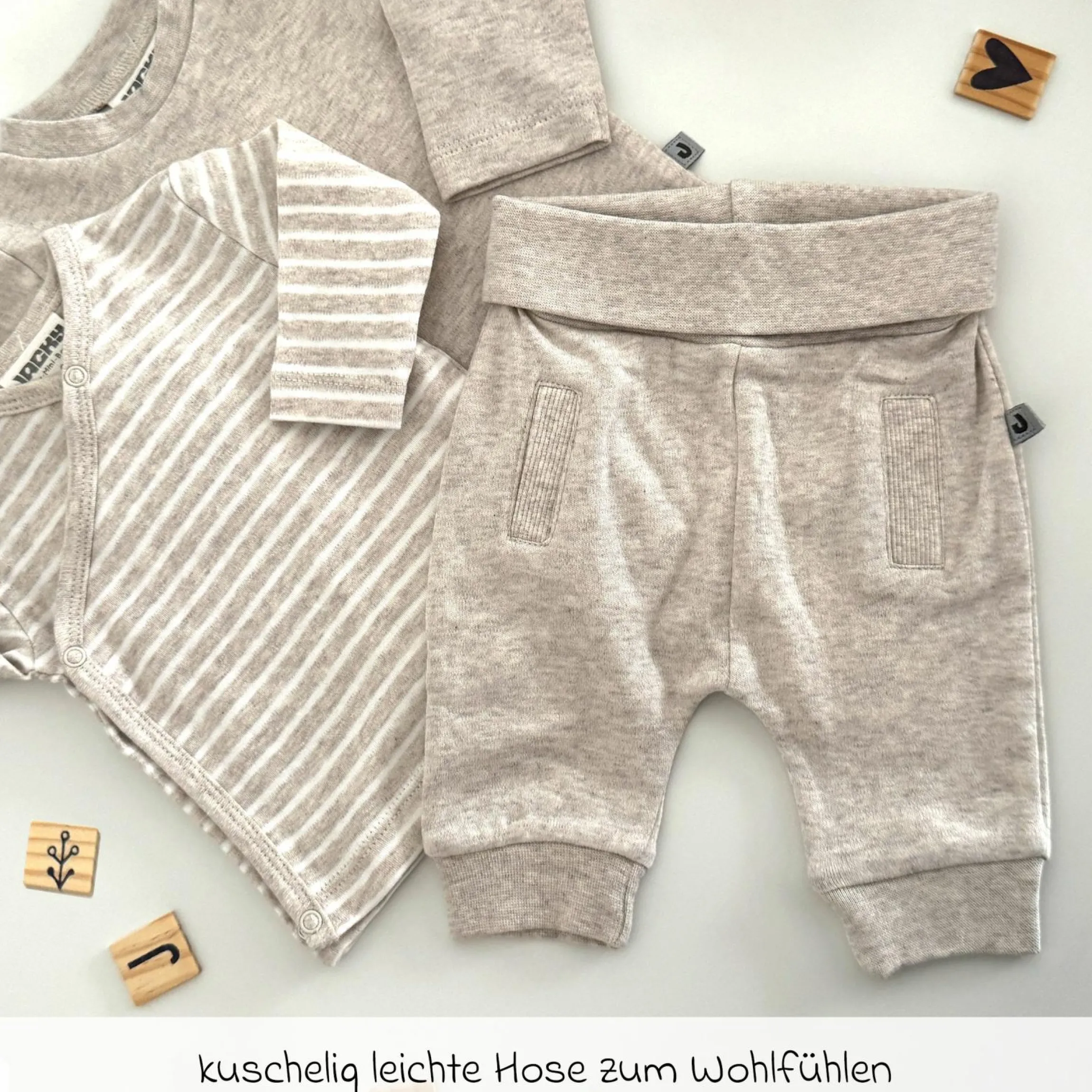 4-tlg. Set Strampler, Langarmshirt, Wickelshirt & Jogginghose - Beige Melange - Gr. 68