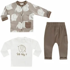 3-tlg. Set Strickjacke, Langarmshirt & Jogginghose - Elefant - Mokka Offwhite - Gr. 74
