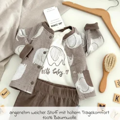 3-tlg. Set Strickjacke, Langarmshirt & Jogginghose - Elefant - Mokka Offwhite - Gr. 74