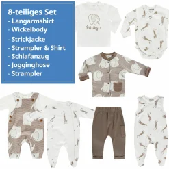 8-tlg. Set Strickjacke, 2x Strampler, 2x Langarmshirt, Wickelbody, Jogginghose & Schlafanzug - Giraffe & Elefant - Offwhite Mokka - Gr. 68