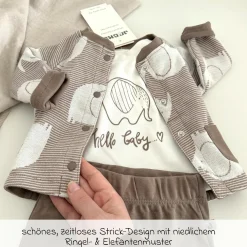 8-tlg. Set Strickjacke, 2x Strampler, 2x Langarmshirt, Wickelbody, Jogginghose & Schlafanzug - Giraffe & Elefant - Offwhite Mokka - Gr. 68