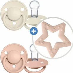 3-tlg. Starter-Set - De Lux Schnuller 2er Pack Silikon + Beißring Baby Bitie Star - Ivory / Blush
