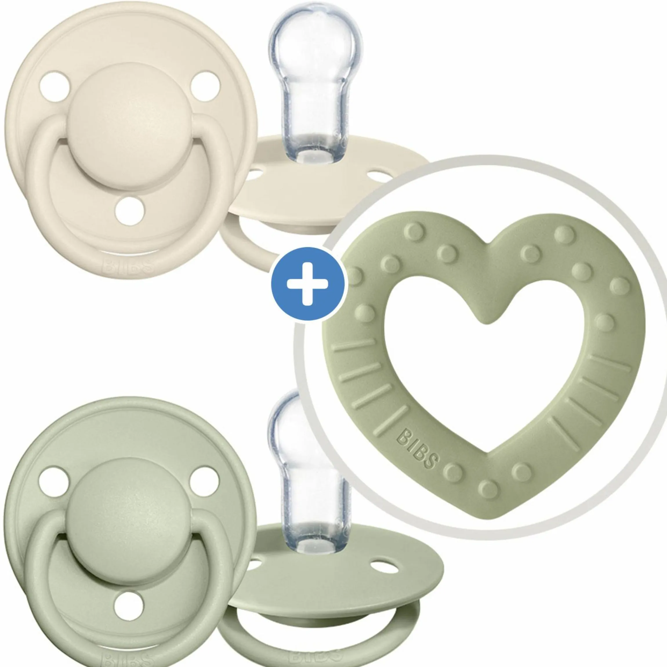 3-tlg. Starter-Set - De Lux Schnuller 2er Pack Silikon + Beißring Baby Bitie Heart - Ivory / Sage