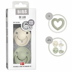 3-tlg. Starter-Set - De Lux Schnuller 2er Pack Silikon + Beißring Baby Bitie Heart - Ivory / Sage