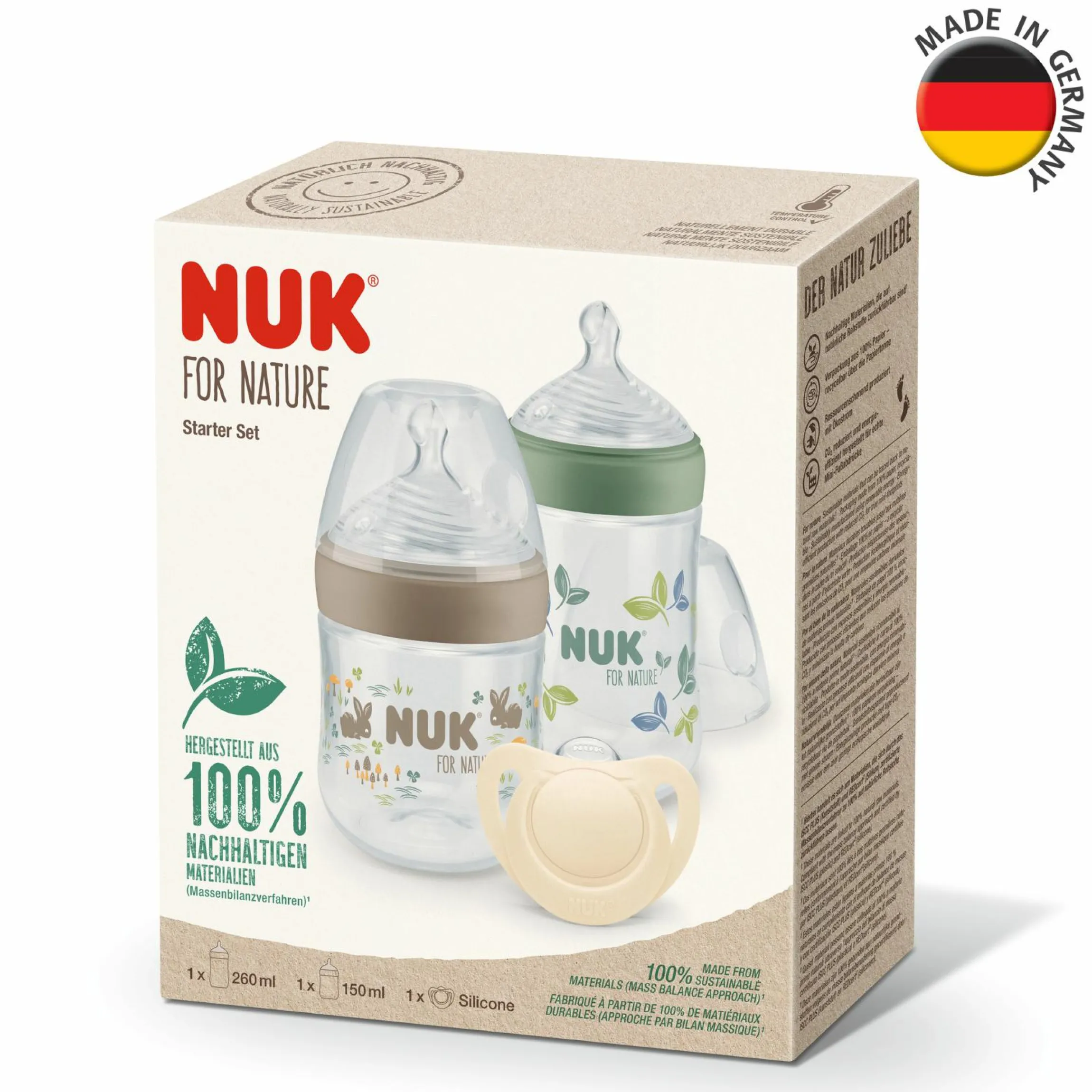 3-tlg. Starter-Set for Nature - 2x PP-Flasche (150 ml & 260 ml) + 1x Silikon-Schnuller (0-6 Monate)