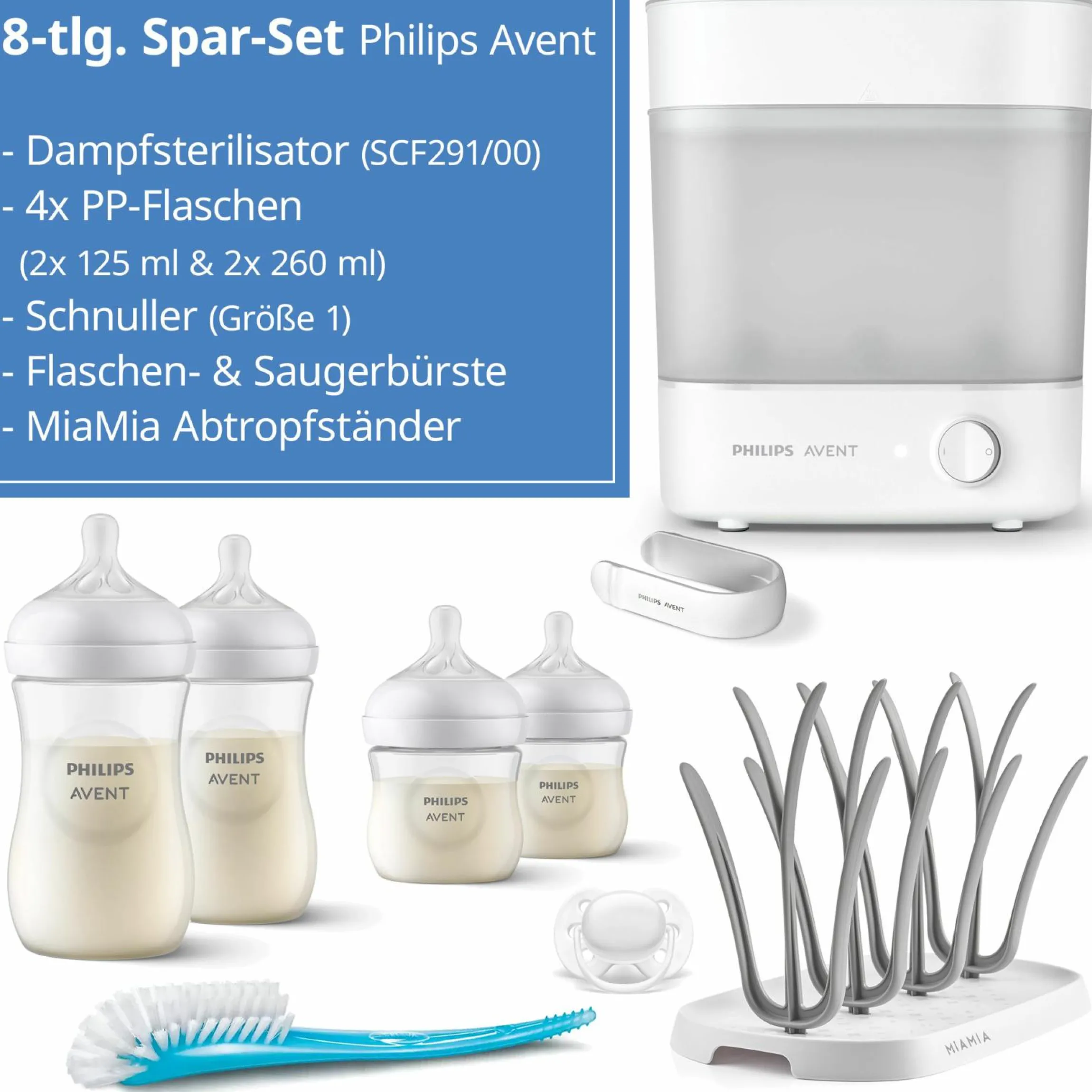 8-tlg. Starter-Set inkl. Dampfsterilisator 2-in-1 + Abtropfständer + 4 PP-Flaschen + Flaschenbürste + Schnuller