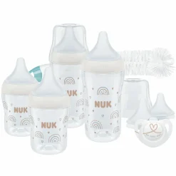 8-tlg. Starter-Set Perfect Match - 4x PP-Flasche (150 ml & 260 ml) + Silikon-Sauger (Gr. S, M & U) + Schnuller + Flaschenbürste - Regenbogen - Weiß