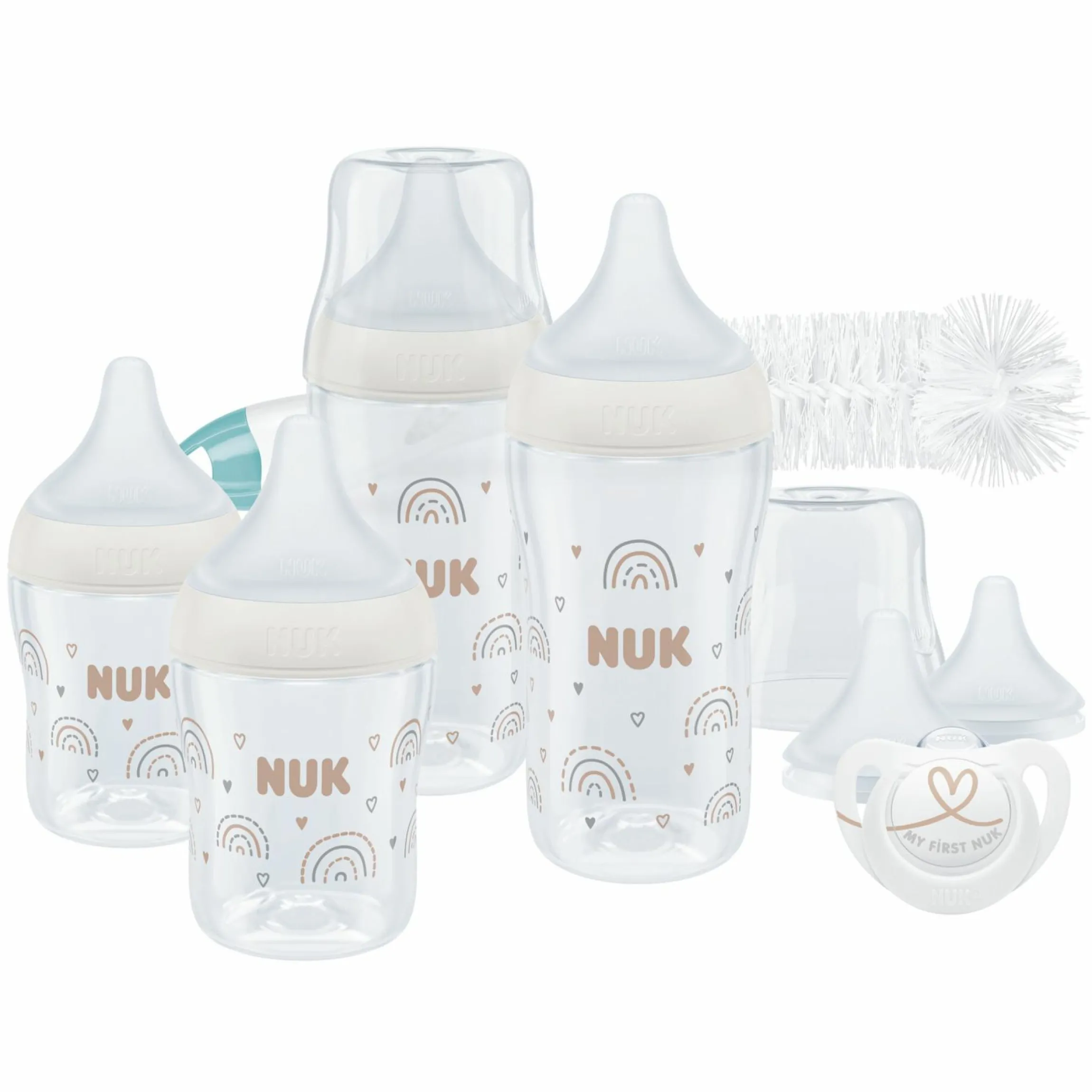 8-tlg. Starter-Set Perfect Match - 4x PP-Flasche (150 ml & 260 ml) + Silikon-Sauger (Gr. S, M & U) + Schnuller + Flaschenbürste - Regenbogen - Weiß