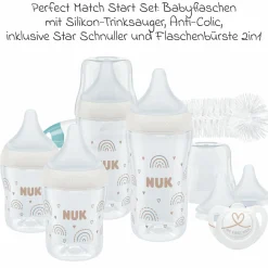 8-tlg. Starter-Set Perfect Match - 4x PP-Flasche (150 ml & 260 ml) + Silikon-Sauger (Gr. S, M & U) + Schnuller + Flaschenbürste - Regenbogen - Weiß