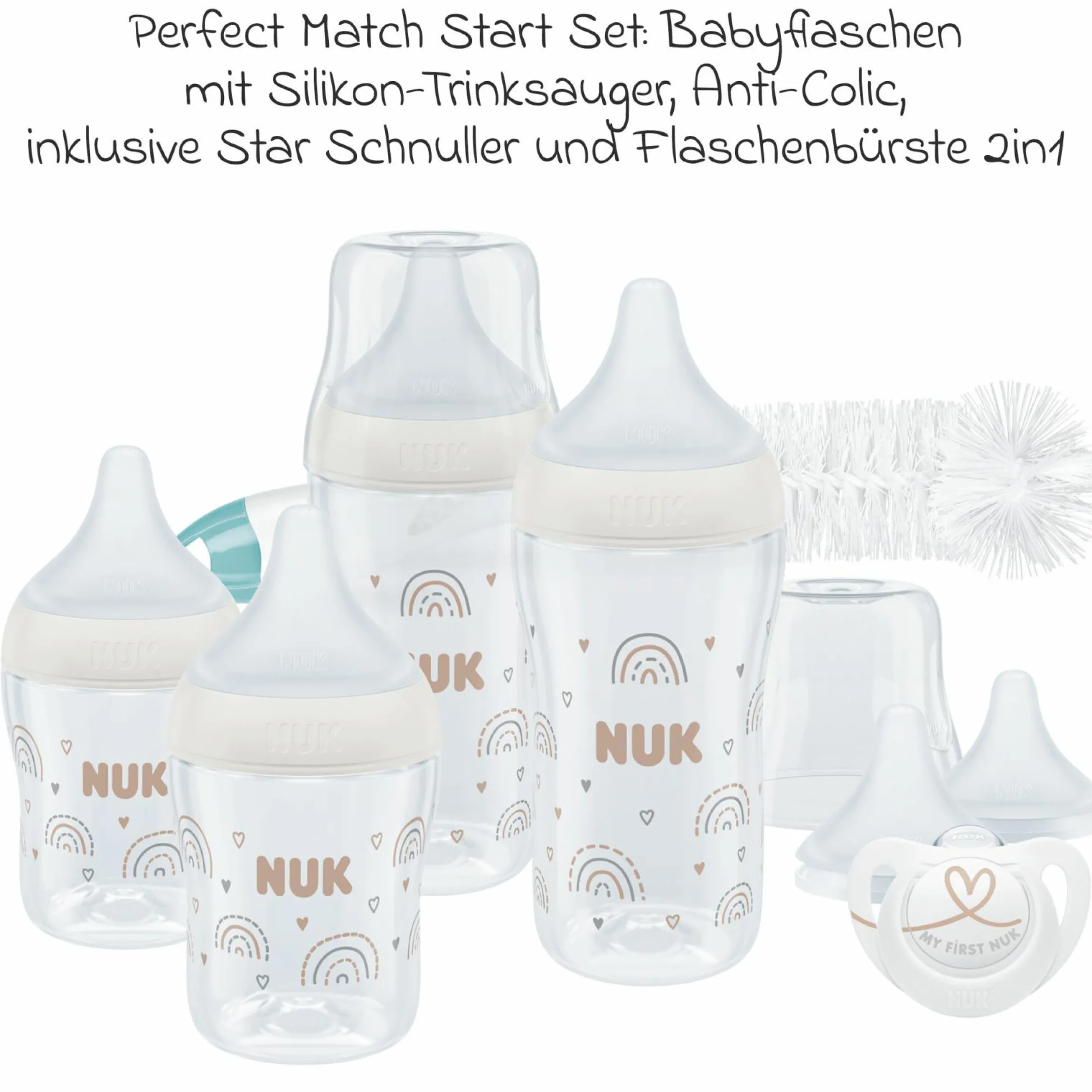 8-tlg. Starter-Set Perfect Match - 4x PP-Flasche (150 ml & 260 ml) + Silikon-Sauger (Gr. S, M & U) + Schnuller + Flaschenbürste - Regenbogen - Weiß