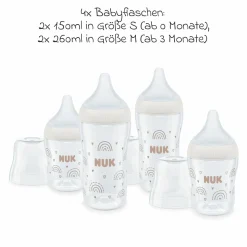 8-tlg. Starter-Set Perfect Match - 4x PP-Flasche (150 ml & 260 ml) + Silikon-Sauger (Gr. S, M & U) + Schnuller + Flaschenbürste - Regenbogen - Weiß
