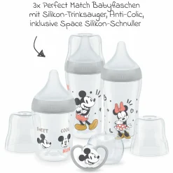 4-tlg. Starter-Set Perfect Match - 3x PP-Flasche (150 ml & 260 ml) + Silikon-Sauger (Gr. S & M) + Schnuller Space - Disney Mickey Mouse