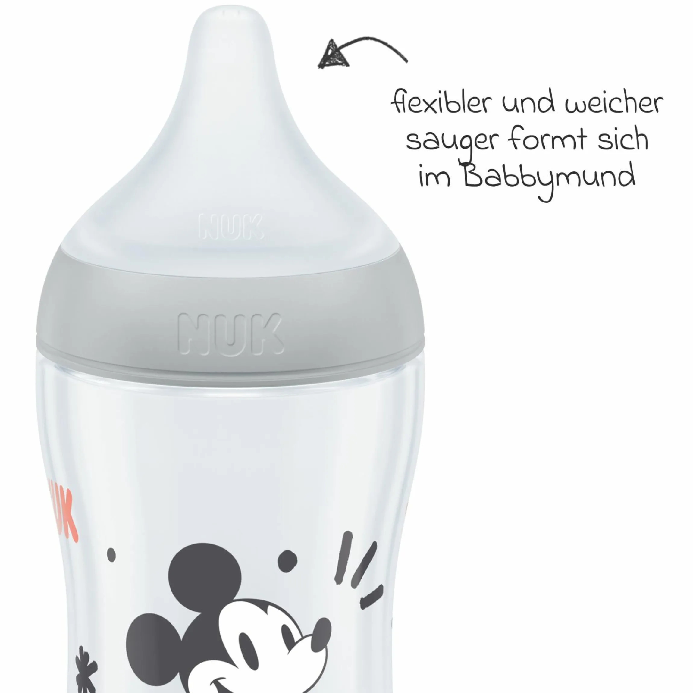 4-tlg. Starter-Set Perfect Match - 3x PP-Flasche (150 ml & 260 ml) + Silikon-Sauger (Gr. S & M) + Schnuller Space - Disney Mickey Mouse