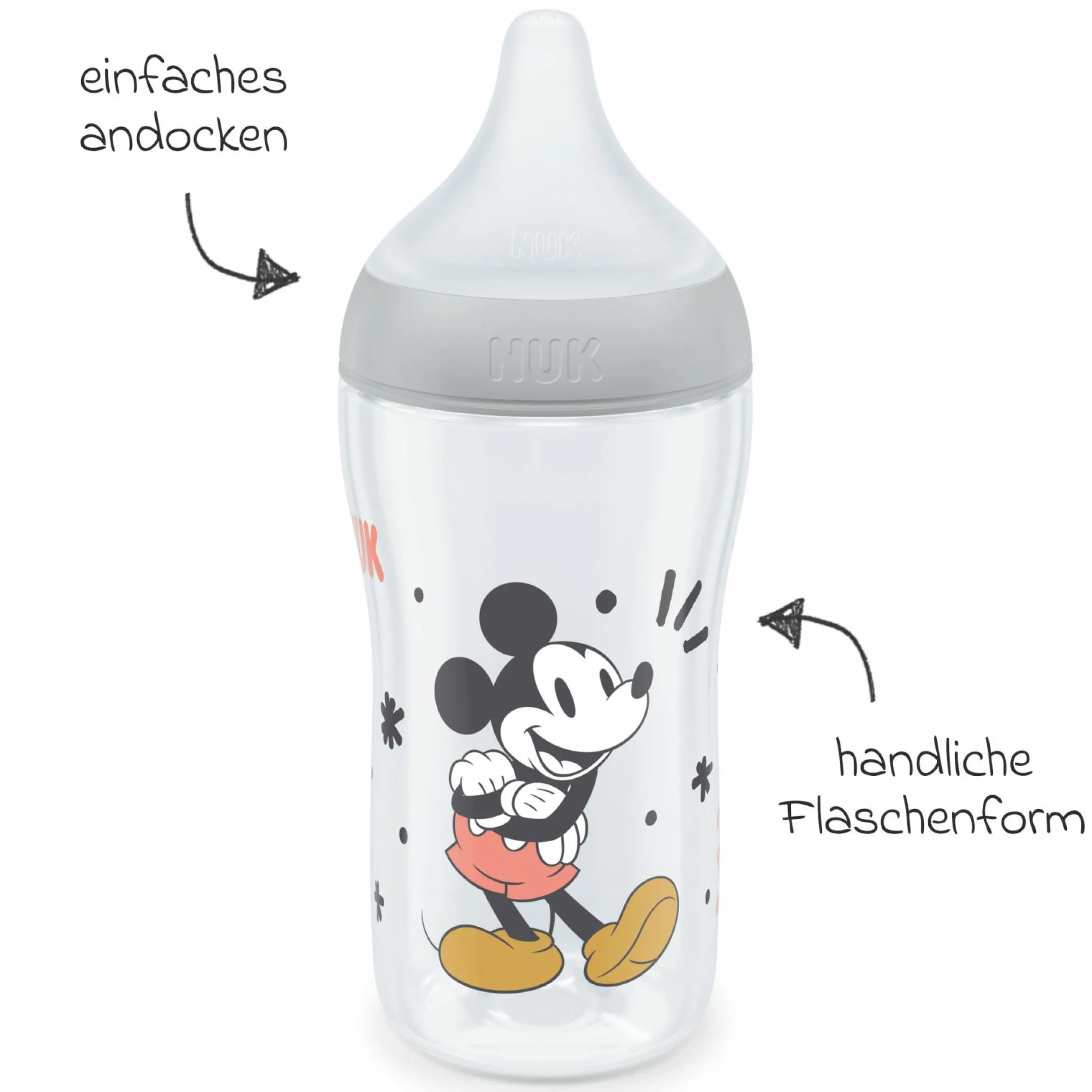 4-tlg. Starter-Set Perfect Match - 3x PP-Flasche (150 ml & 260 ml) + Silikon-Sauger (Gr. S & M) + Schnuller Space - Disney Mickey Mouse