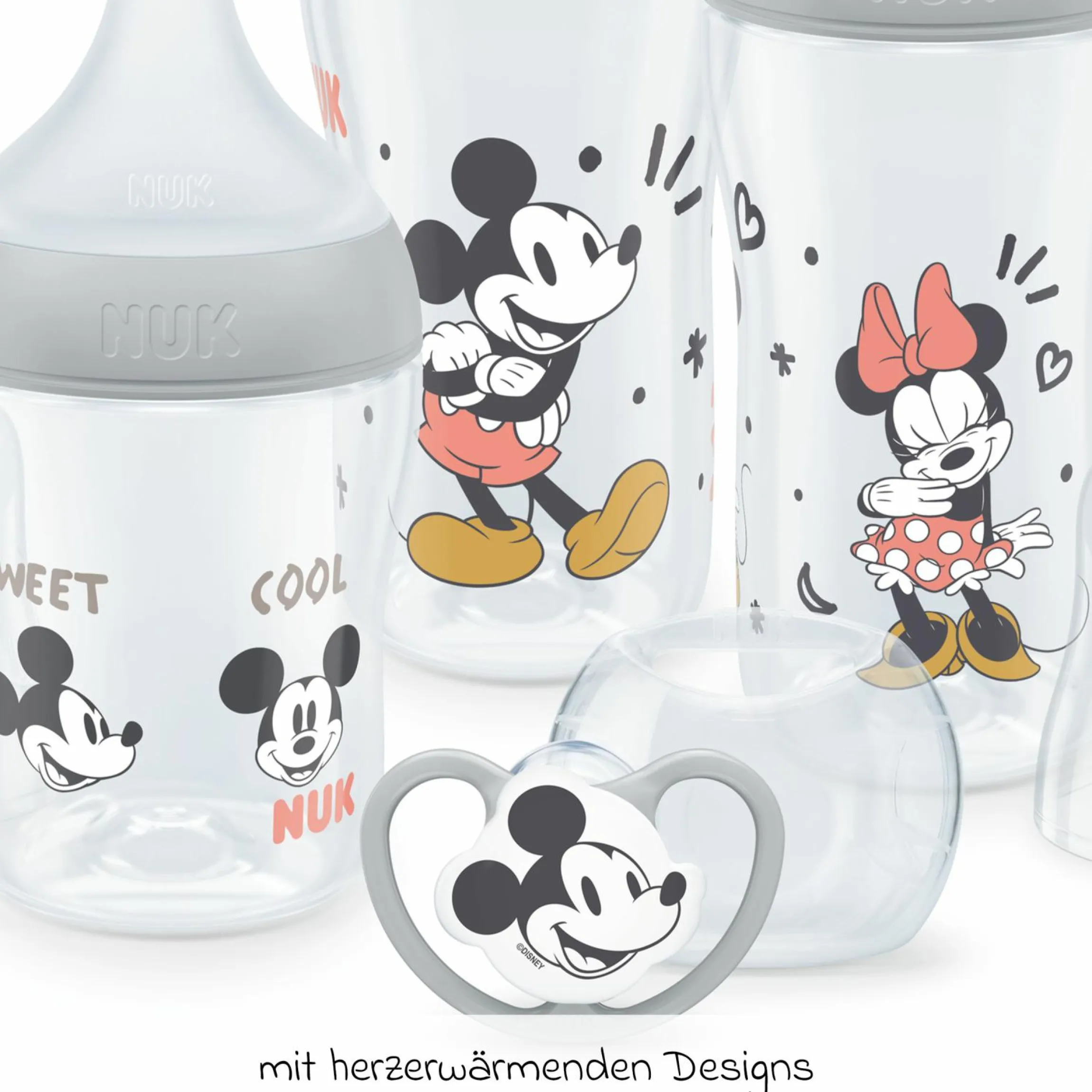 4-tlg. Starter-Set Perfect Match - 3x PP-Flasche (150 ml & 260 ml) + Silikon-Sauger (Gr. S & M) + Schnuller Space - Disney Mickey Mouse