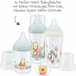 4-tlg. Starter-Set Perfect Match - 3x PP-Flasche (150 ml & 260 ml) + Silikon-Sauger (Gr. S & M) + Schnuller Space - Disney Winnie Pooh