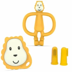 4-tlg. Starter-Set Zahnungshilfen - Beißring mit Fingerzahnbürste - Löwe - Gelb