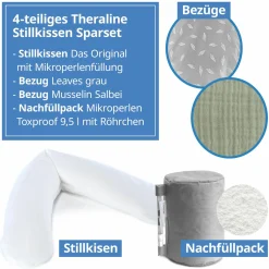 4-tlg. Stillkissen Sparset Das Original 190 cm inkl. 2 Bezügen + Mikroperlen-Nachfüllpack 9,5 l - Leaves & Musselin Salbei
