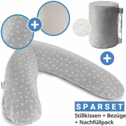 4-tlg. Stillkissen Sparset Das Original 190 cm inkl. 2 Bezügen + Mikroperlen-Nachfüllpack 9,5 l - Leaves & Bamboo Kieselgrau