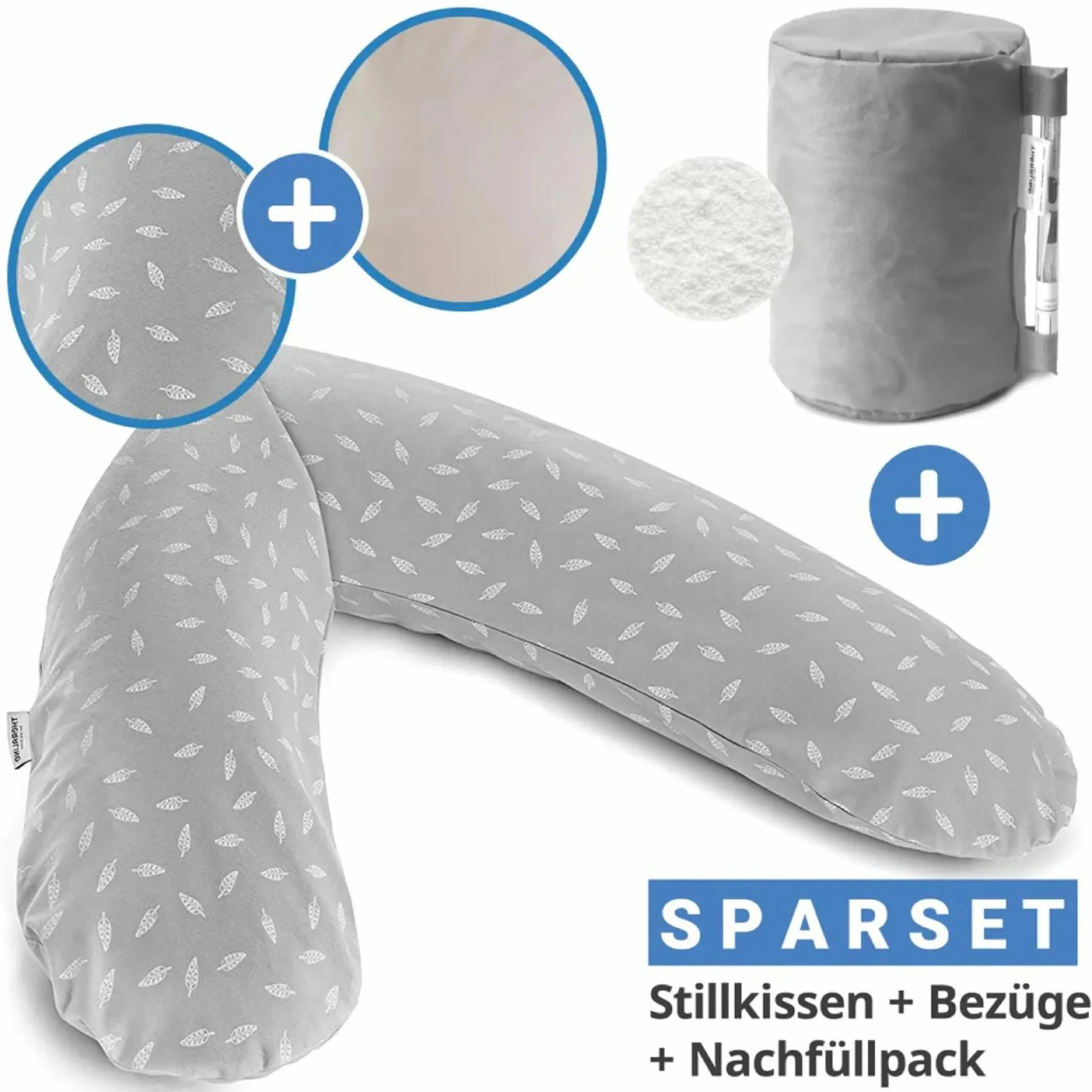 4-tlg. Stillkissen Sparset Das Original 190 cm inkl. 2 Bezügen + Mikroperlen-Nachfüllpack 9,5 l - Leaves & Bamboo Kieselgrau
