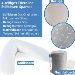 4-tlg. Stillkissen Sparset Das Original 190 cm inkl. 2 Bezügen + Mikroperlen-Nachfüllpack 9,5 l - Leaves & Bamboo Kieselgrau