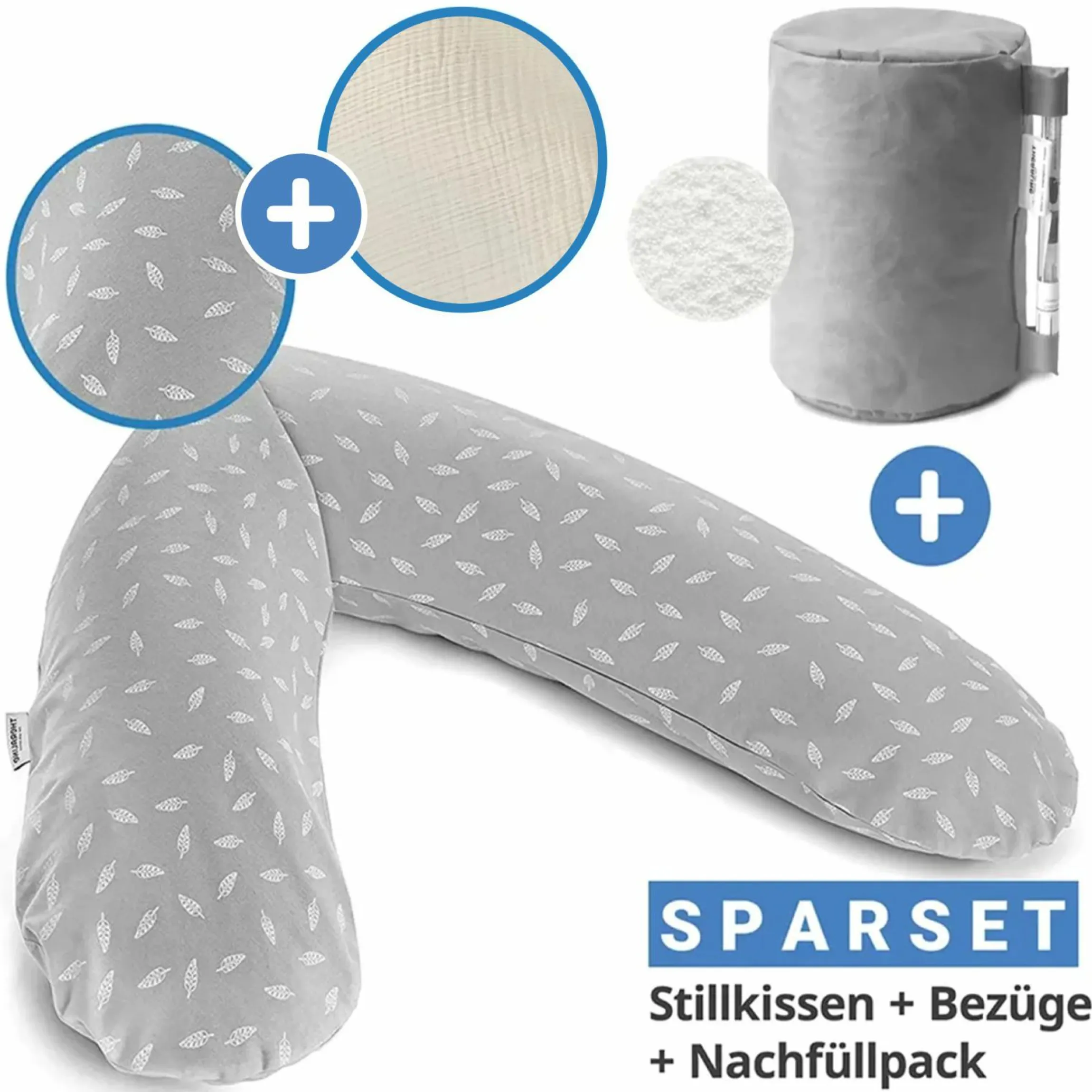 4-tlg. Stillkissen Sparset Das Original 190 cm inkl. 2 Bezügen + Mikroperlen-Nachfüllpack 9,5 l - Leaves & Musselin Sandbeige