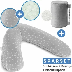 4-tlg. Stillkissen Sparset Das Original 190 cm inkl. 2 Bezügen + Mikroperlen-Nachfüllpack 9,5 l - Leaves & Pusteblume