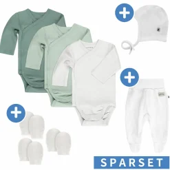 8-tlg. Wickelbody Set inkl. Strampelhose, Erstlingsmütze & 3 Paar Kratzfäustlinge - Salbei Weiß - Gr. 50/56