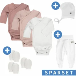 8-tlg. Wickelbody Set inkl. Strampelhose, Erstlingsmütze & 3 Paar Kratzfäustlinge - Beere Weiß - Gr. 50/56