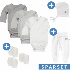 8-tlg. Wickelbody Set inkl. Strampelhose, Erstlingsmütze & 3 Paar Kratzfäustlinge - Grau Weiß - Gr. 50/56