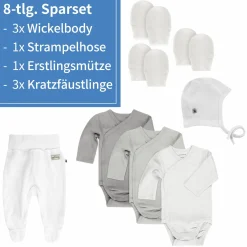 8-tlg. Wickelbody Set inkl. Strampelhose, Erstlingsmütze & 3 Paar Kratzfäustlinge - Grau Weiß - Gr. 50/56