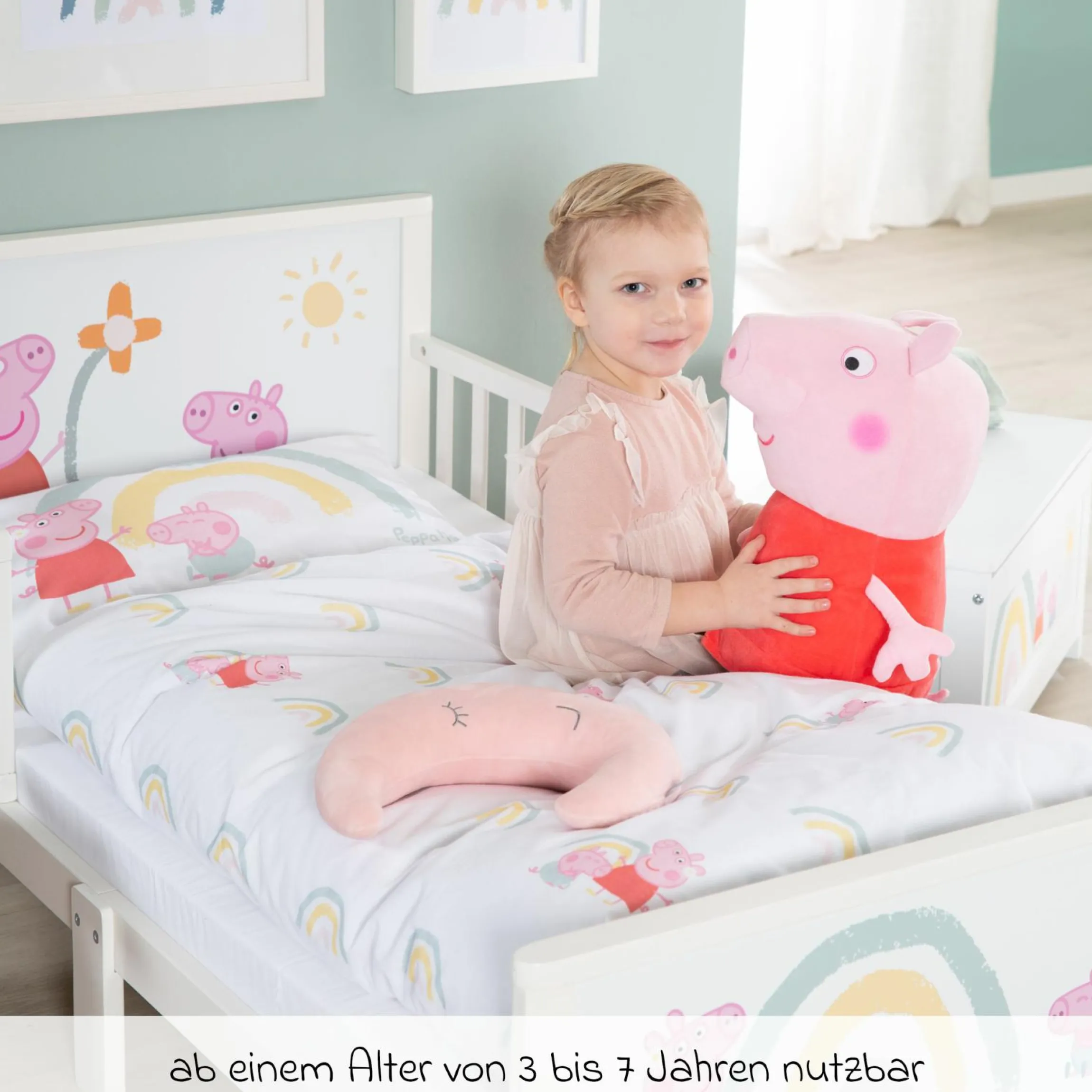 Toddler-Themen-Komplettbett inkl. Lattenrost und Bettwäsche 70 x 140 cm - Peppa Pig - Weiß