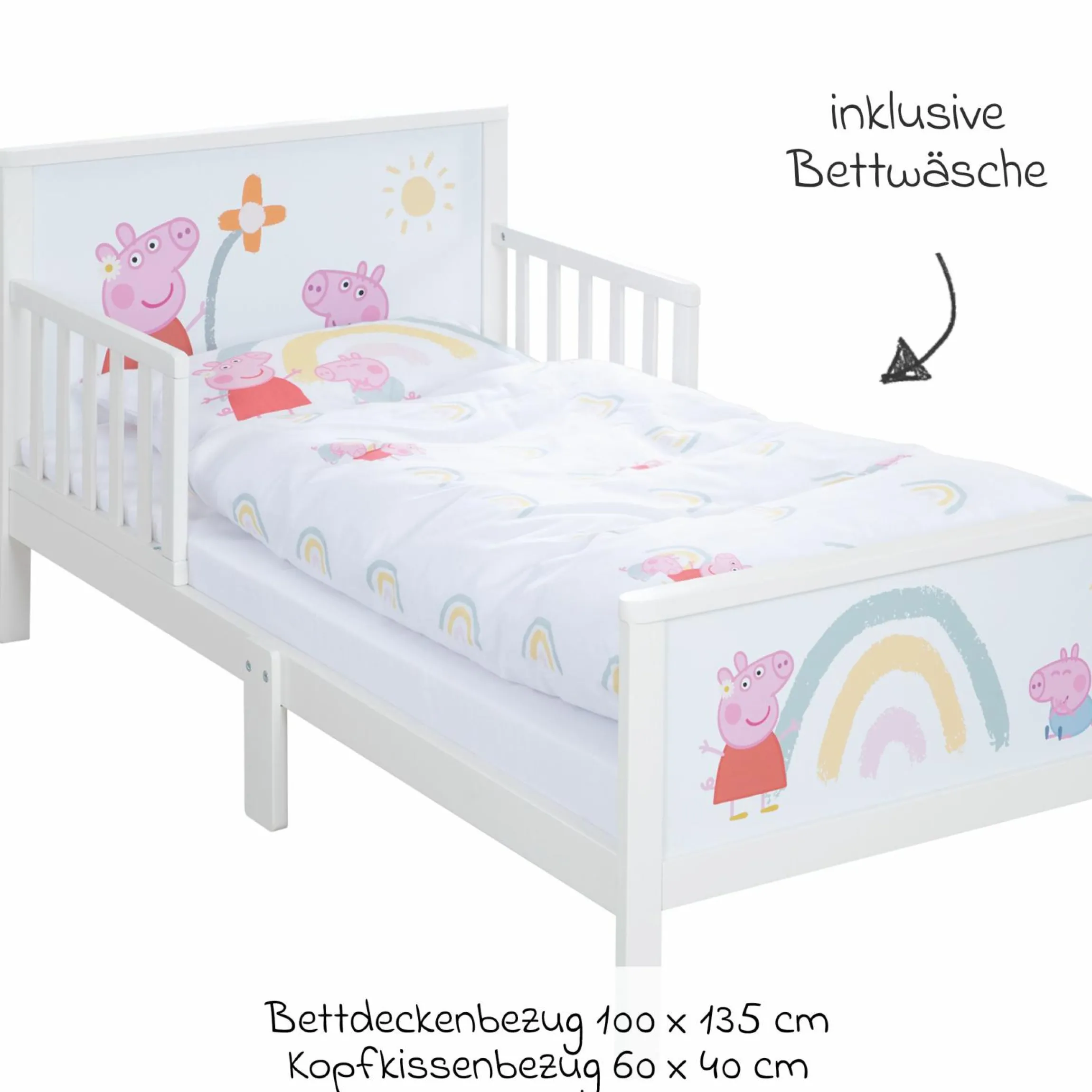 Toddler-Themen-Komplettbett inkl. Lattenrost und Bettwäsche 70 x 140 cm - Peppa Pig - Weiß