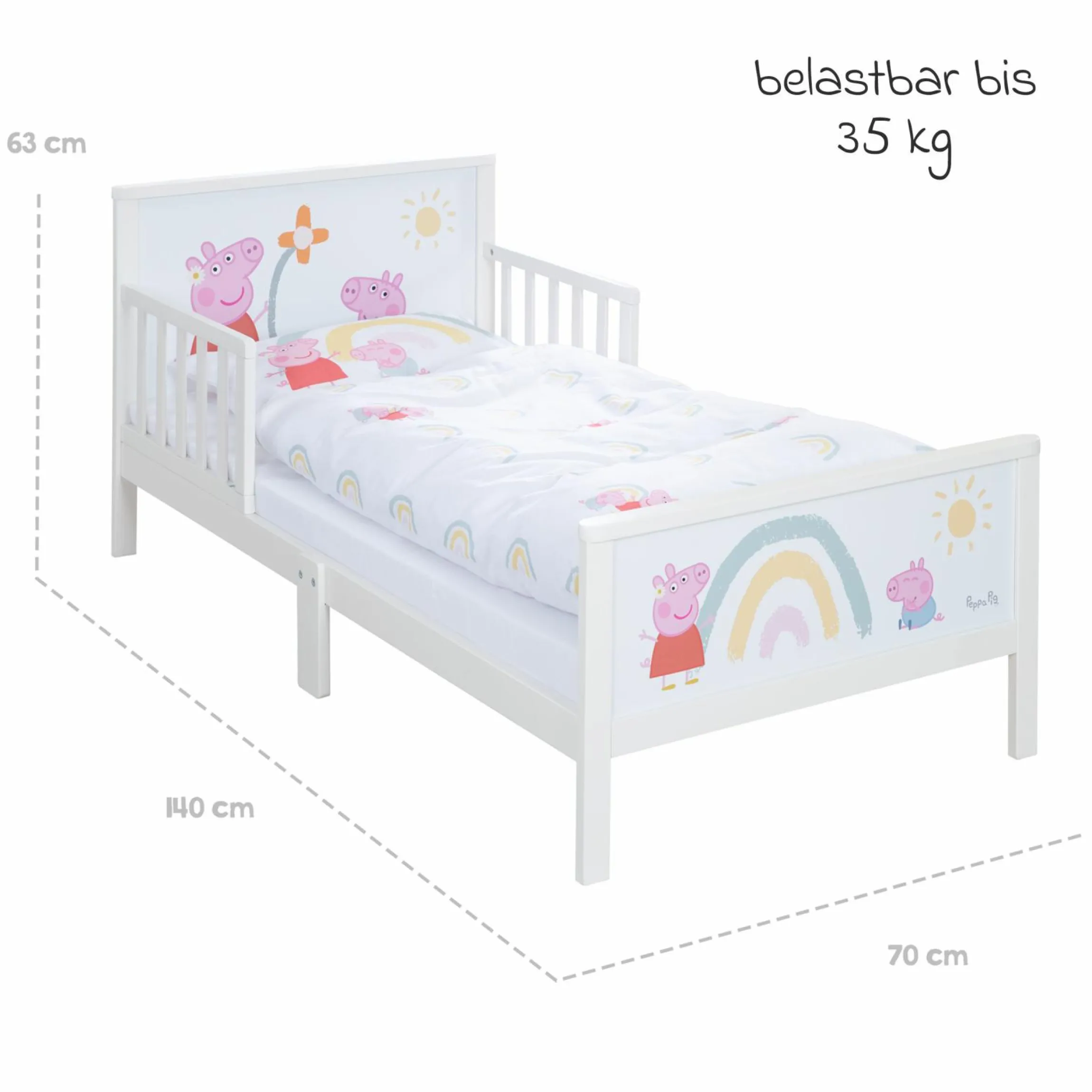Toddler-Themen-Komplettbett inkl. Lattenrost und Bettwäsche 70 x 140 cm - Peppa Pig - Weiß