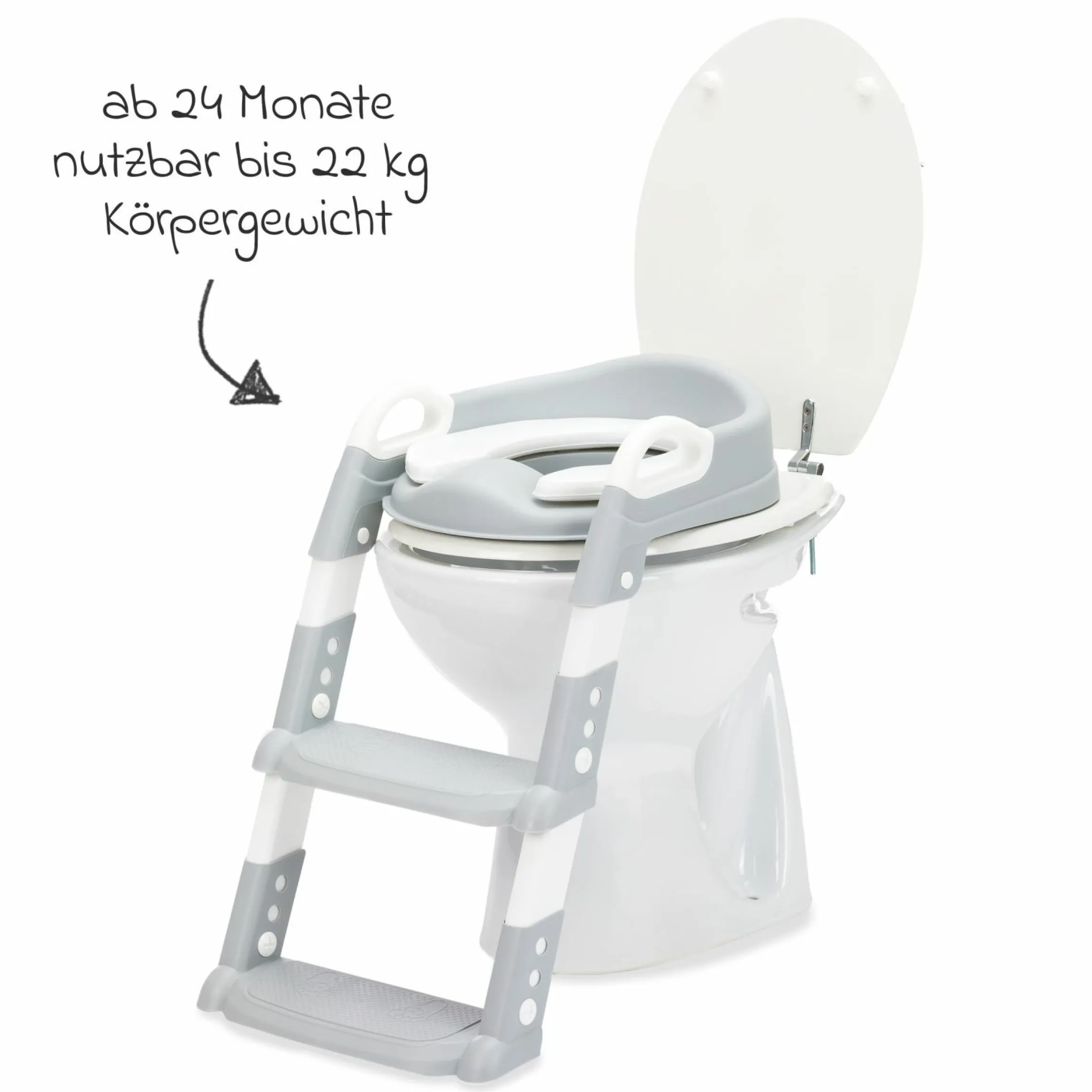 Toilettentrainer Ben höhenverstellbare Stufen, vormontiert ohne Schrauben inkl. 3er Pack Mülltücher - Weiß Grau