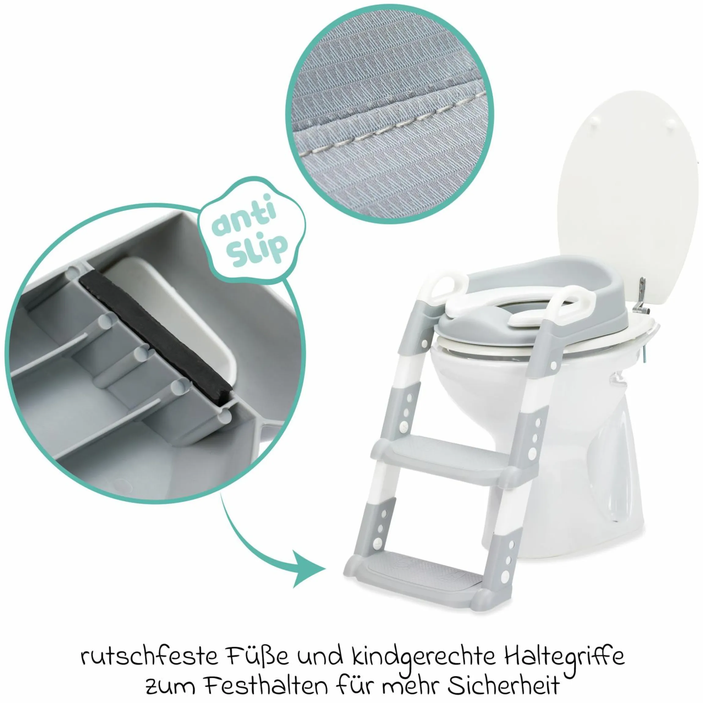 Toilettentrainer Ben höhenverstellbare Stufen, vormontiert ohne Schrauben inkl. 3er Pack Mülltücher - Weiß Grau