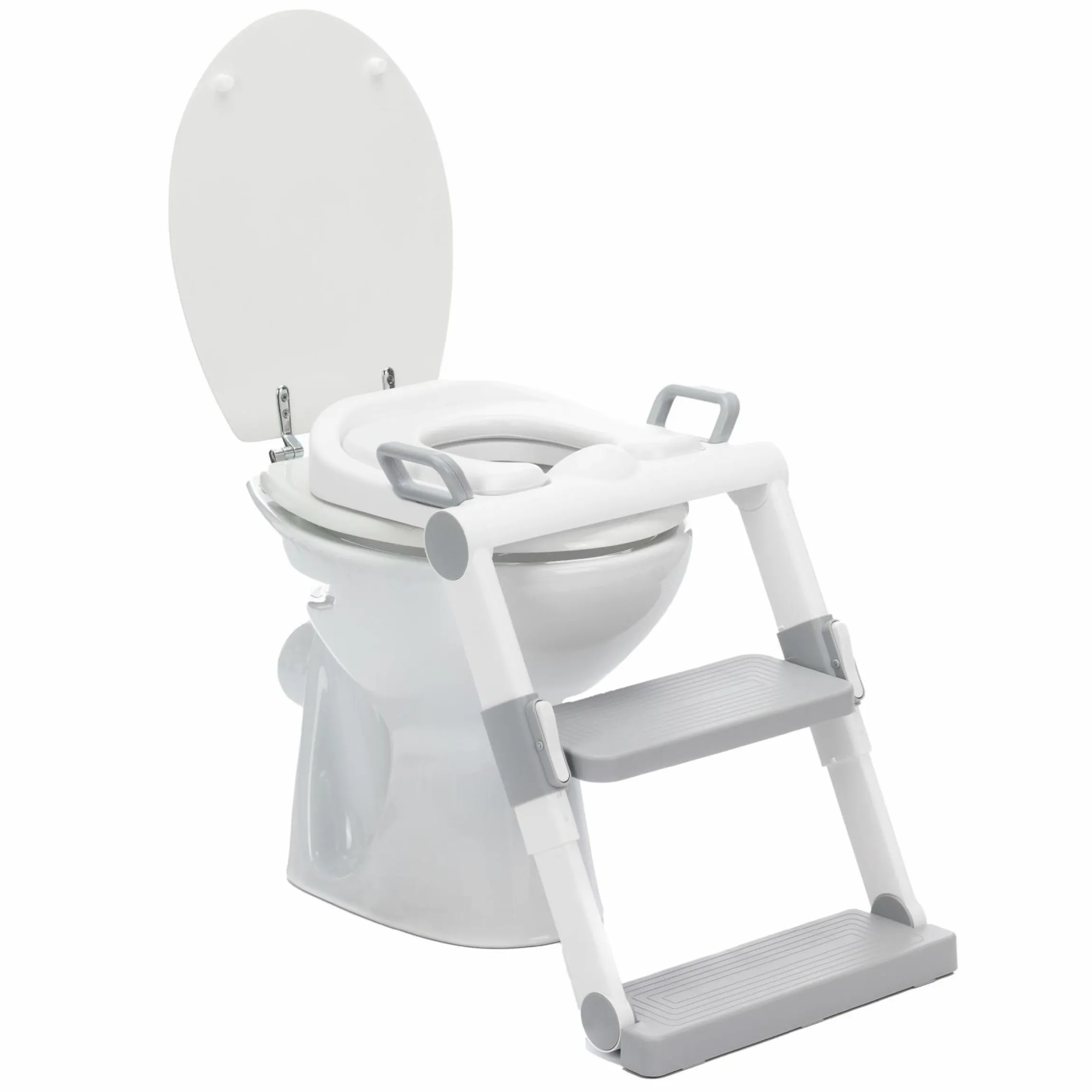 Toilettentrainer mit dynamischer Höhenverstellung, breiten Stufen, abnehmbarer Sitz, zusammenklappbar - Weiß Grau