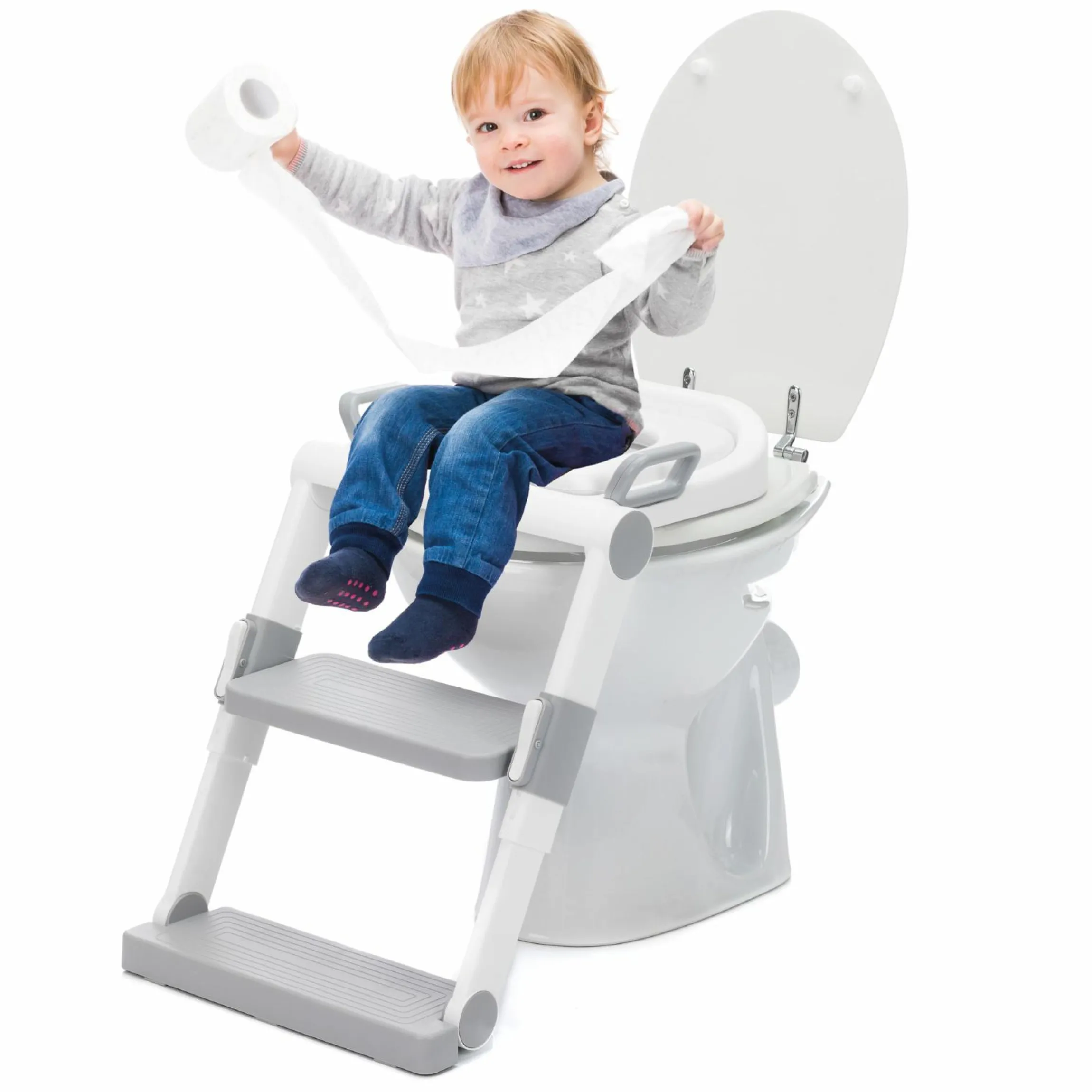 Toilettentrainer mit dynamischer Höhenverstellung, breiten Stufen, abnehmbarer Sitz, zusammenklappbar - Weiß Grau