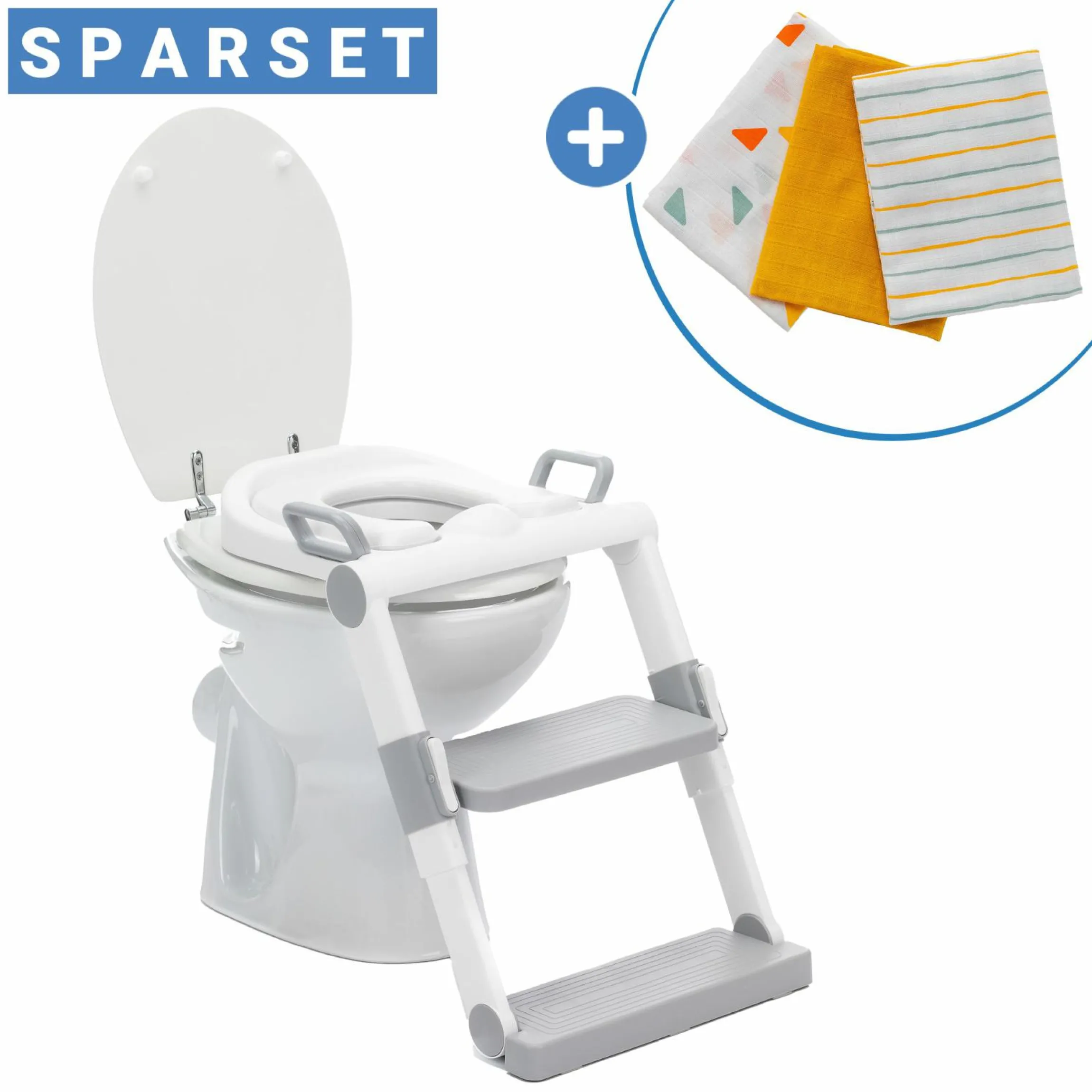 Toilettentrainer mit dynamischer Höhenverstellung, breiten Stufen, abnehmbarer Sitz, zusammenklappbar inkl. 3er Pack Mulltücher - Weiß Grau