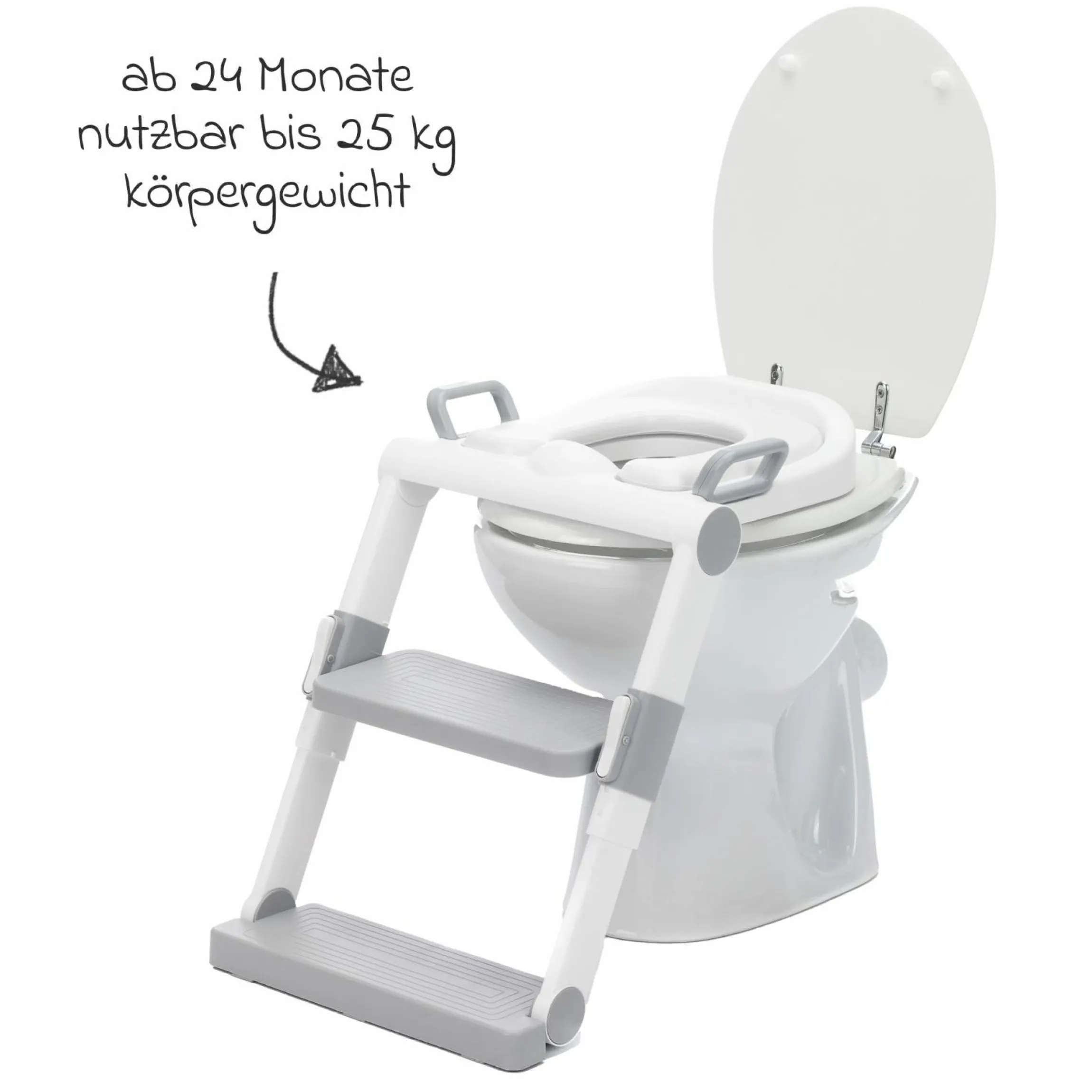 Toilettentrainer mit dynamischer Höhenverstellung, breiten Stufen, abnehmbarer Sitz, zusammenklappbar inkl. 3er Pack Mulltücher - Weiß Grau