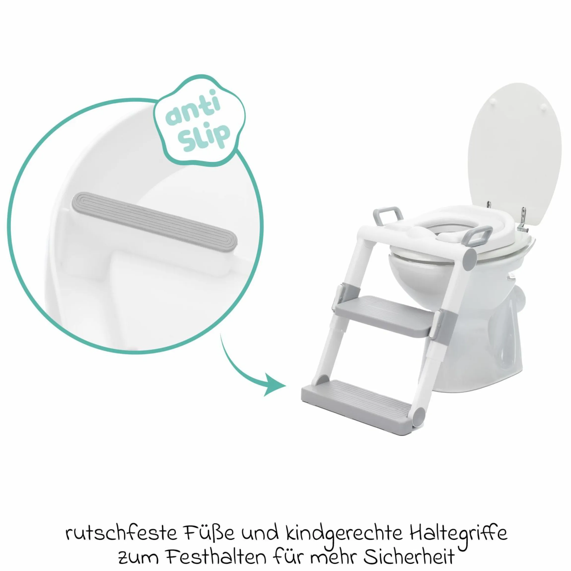 Toilettentrainer mit dynamischer Höhenverstellung, breiten Stufen, abnehmbarer Sitz, zusammenklappbar inkl. 3er Pack Mulltücher - Weiß Grau