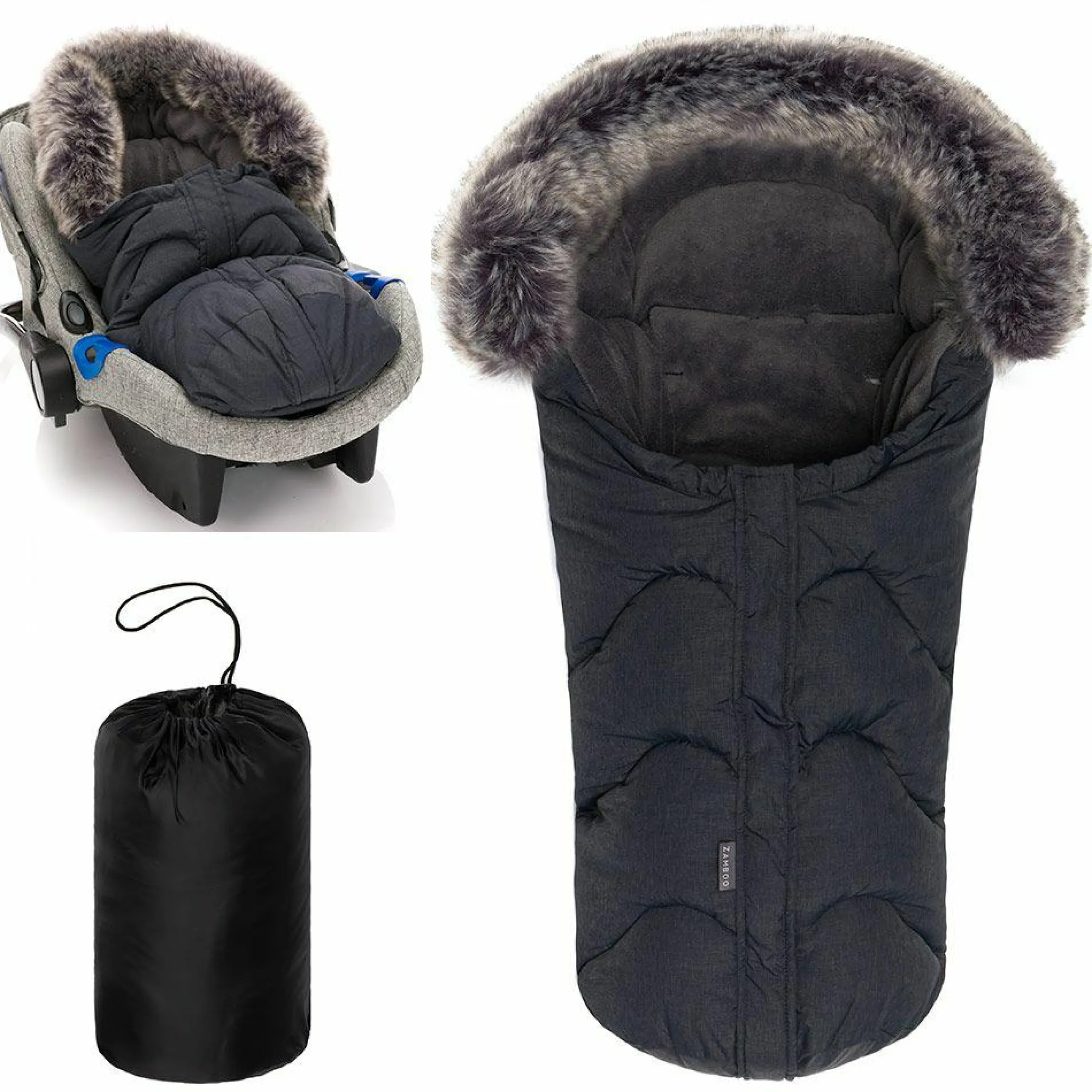 Universal Thermo-Fleece Fußsack mit Fellkragen für Babyschale & Wanne - Melange Dunkelgrau