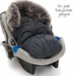 Universal Thermo-Fleece Fußsack mit Fellkragen für Babyschale & Wanne - Melange Dunkelgrau