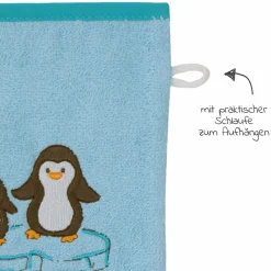 Waschhandschuh - Stickerei Pinguine - Eisblau