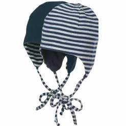 Wende-Erstlingsmütze mit Ohrenklappen - Ringel Marine Grau - Gr. 35