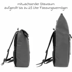 Wickelrucksack Oslo im Rolltop-Design mit variablem Stauraum inkl. Wickelunterlage, Flaschenwärmer & Befestigungshaken - Grau